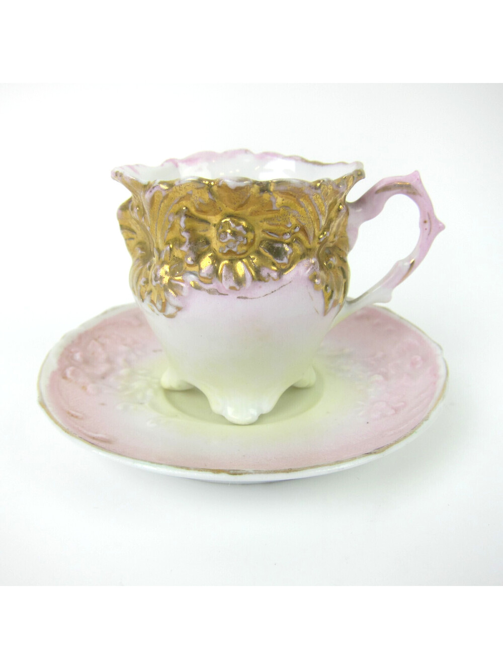 Antique Porcelain Footed Tea Cup & Saucer Set Pink Yellow Gold Floral Demitasse